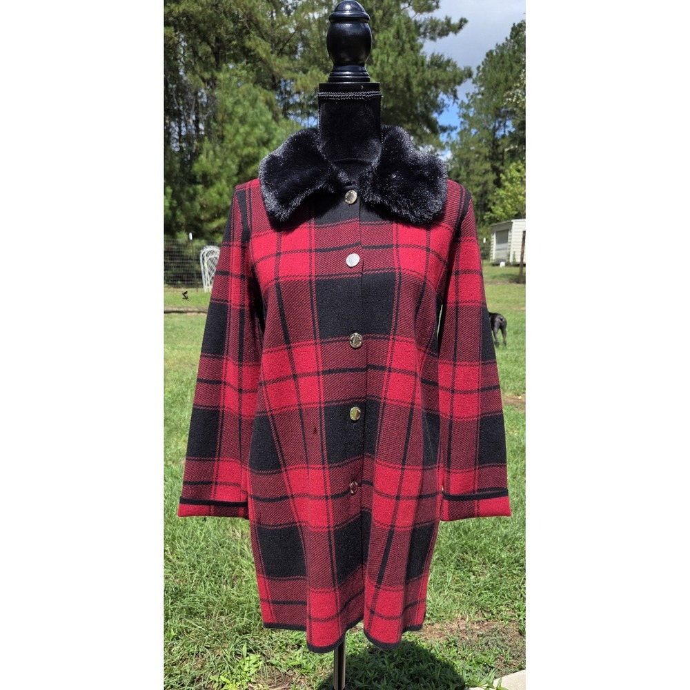 Anne Klein Vintage Red Plaid Jacket Removable Fur Collar Small Classic Fall Coat